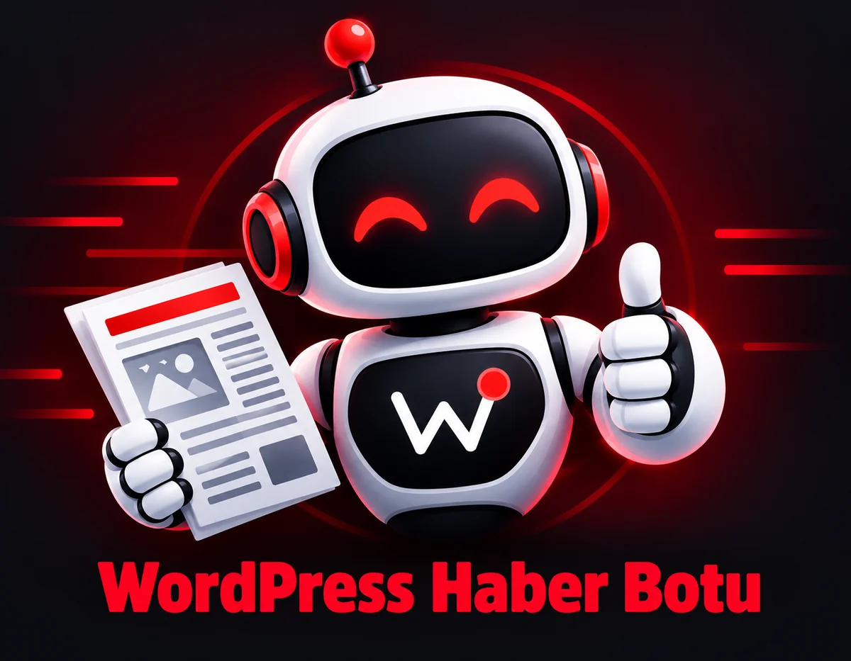 WordPress Haber Botu: elinde gazete tutan, başparmağını kaldıran kırmızı beyaz robot